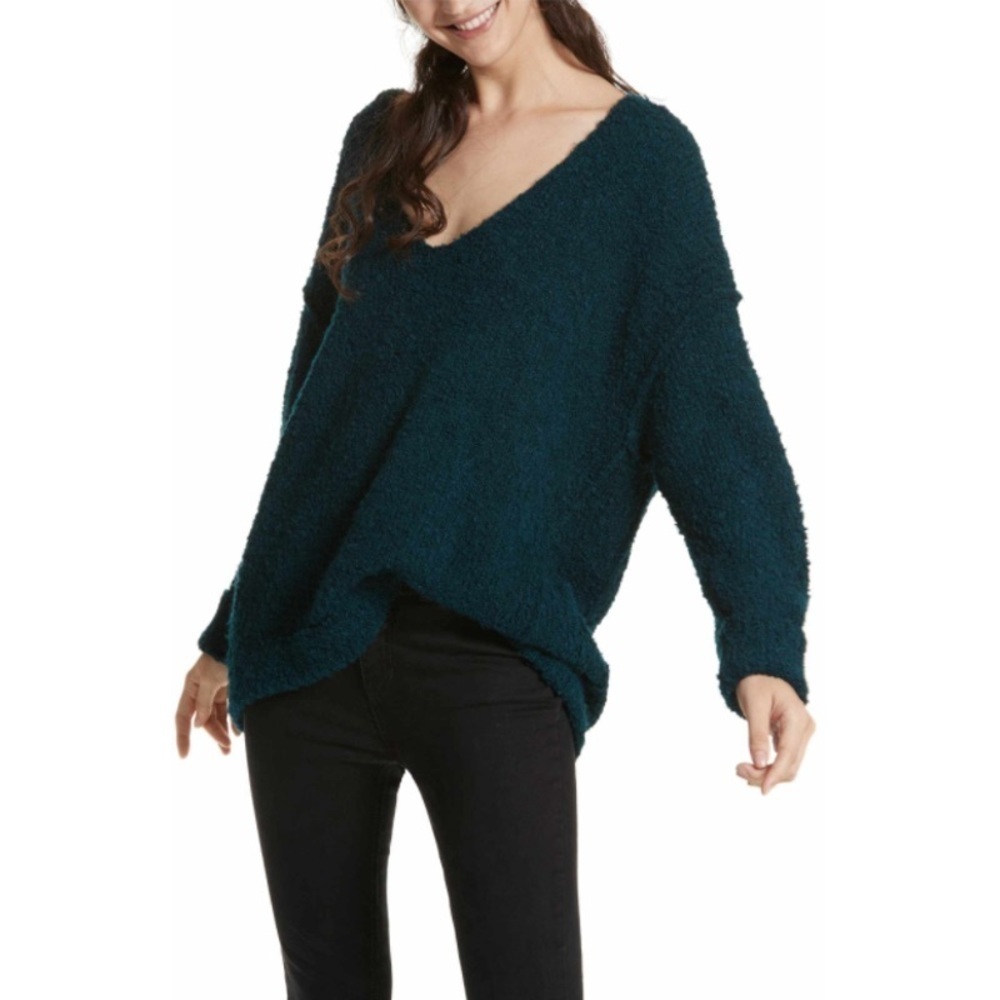 Free People Lofty Oversized Soft Alpaca Blend Knit Pullover, Deep V Neck Green